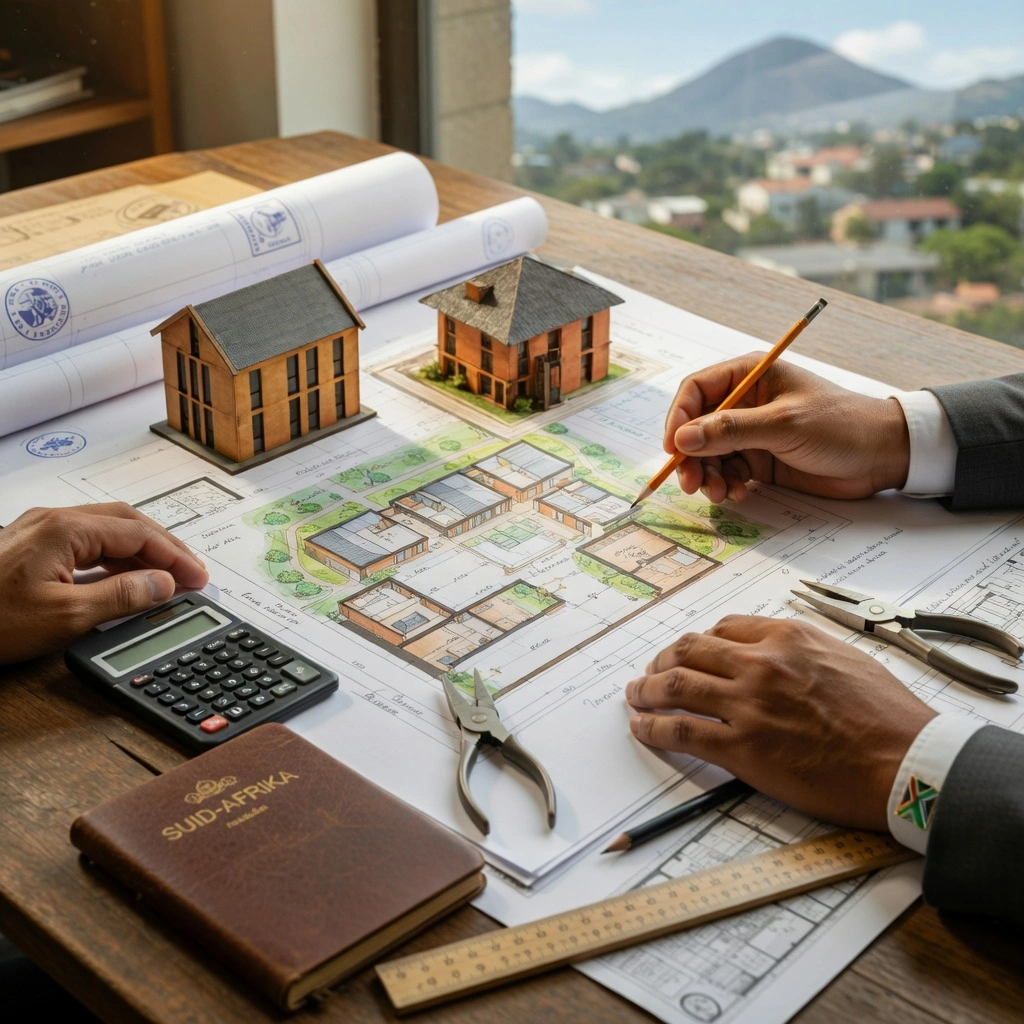 Hands working over a printed site layout plan with a pencil, next to two model buildings, a calculator, rolled drawings and a ruler.