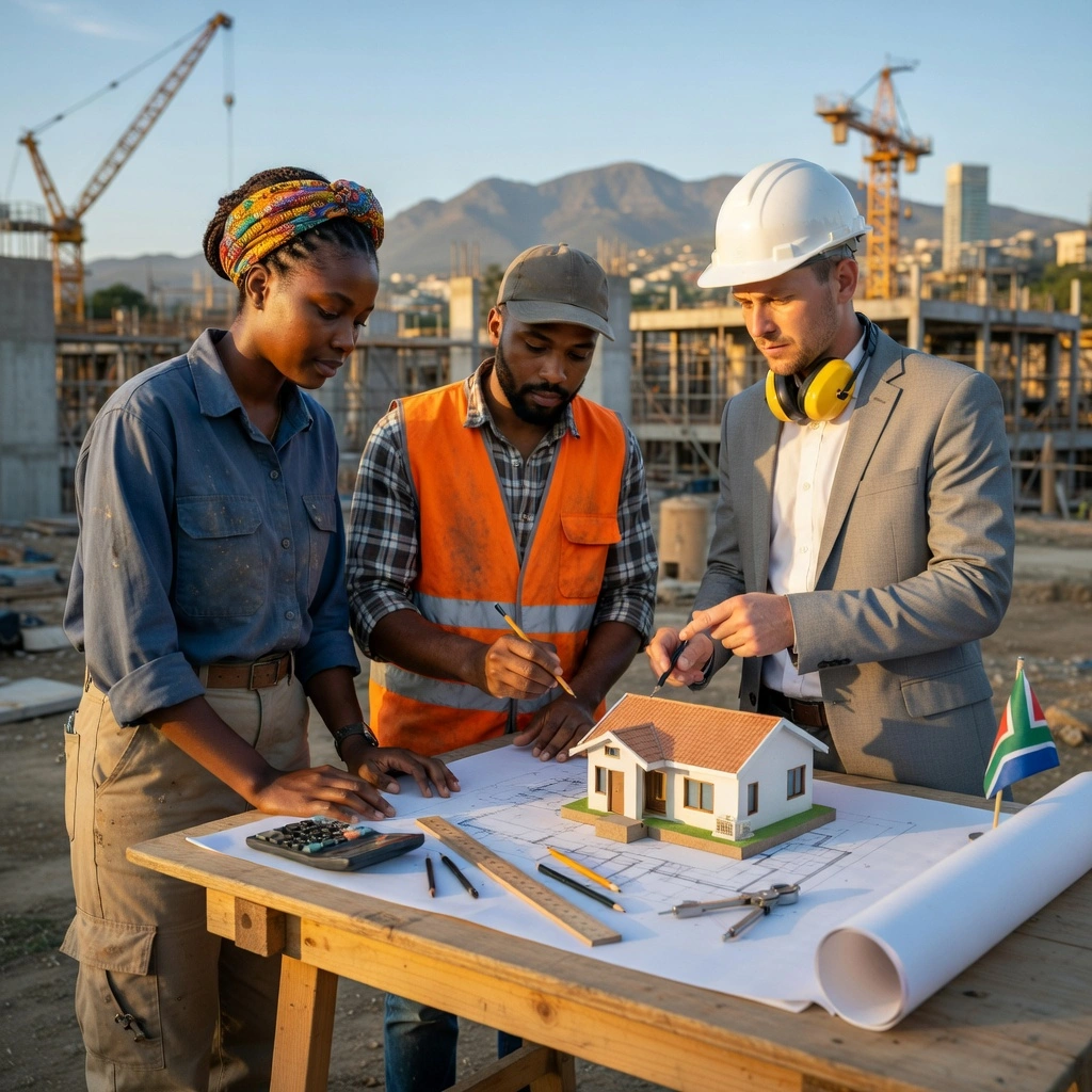 Three people at a construction site review building plans and a model house laid out on a wooden table, with tower cranes and mountains in the background.
