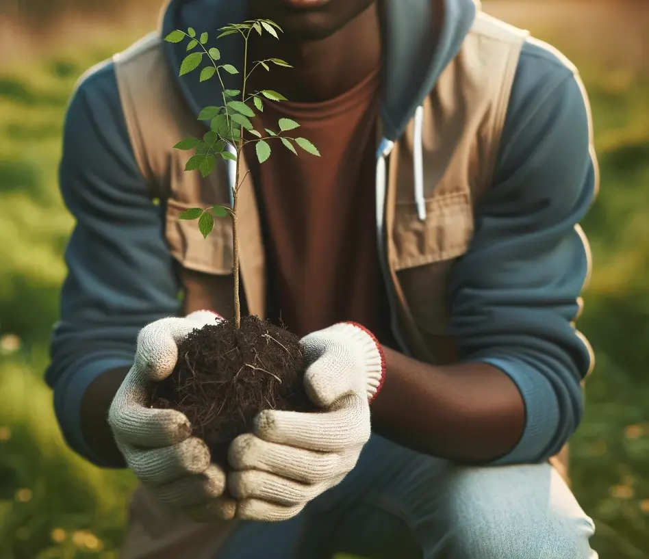 A person in work gloves holds a young tree seedling with its roots in a clump of soil, outdoors on grass.